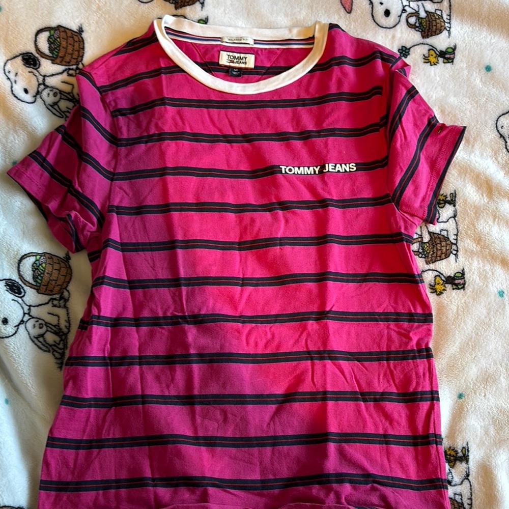Tommy Hilfiger Pink and Black Striped Short Sleeve Tee